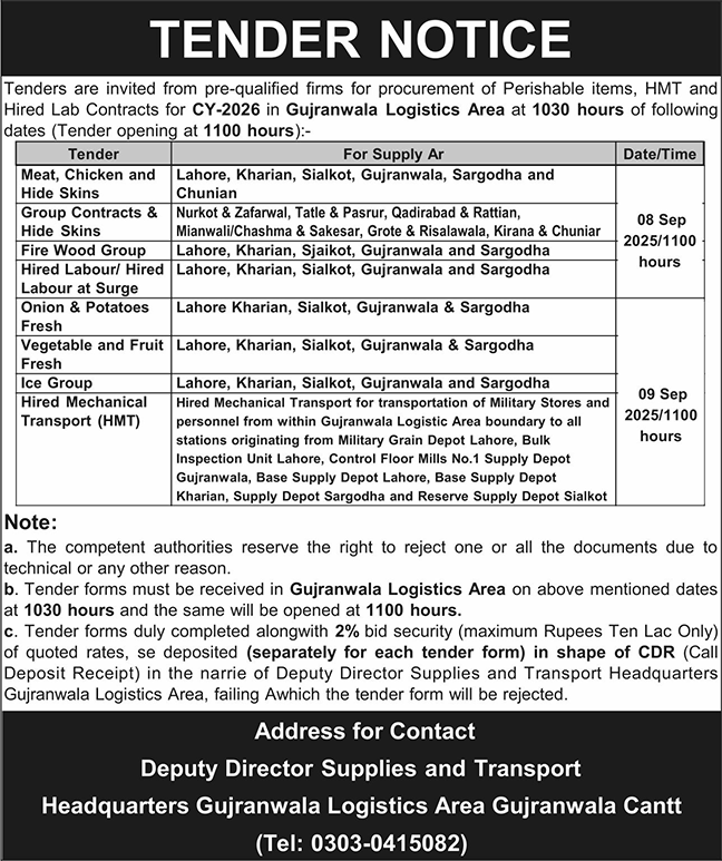 Gujranwala Logistics Area Tender Notice